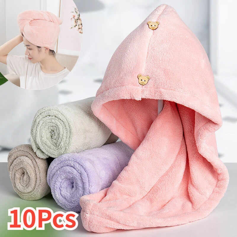 Set of quick dry microfiber hair towels in pastel colors, perfect for absorbing moisture quickly after washing