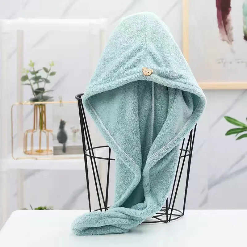 Soft mint green quick dry microfiber hair towels with a cute bear design for quick drying hair