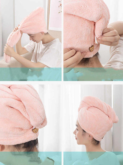 Pink quick dry microfiber hair towels with adjustable button for comfortable hair drying