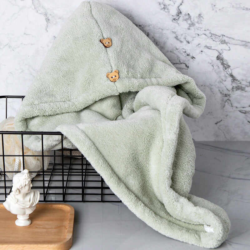 Soft green quick dry microfiber hair towels with bear-shaped buttons for easy use