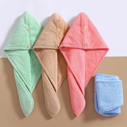 Set of quick dry microfiber hair towels in green, beige, pink, and blue for fast drying hair care