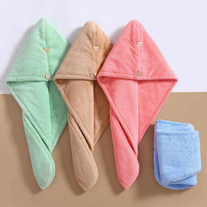 Quick dry microfiber hair towels in pink, beige, and green with bear button for easy use