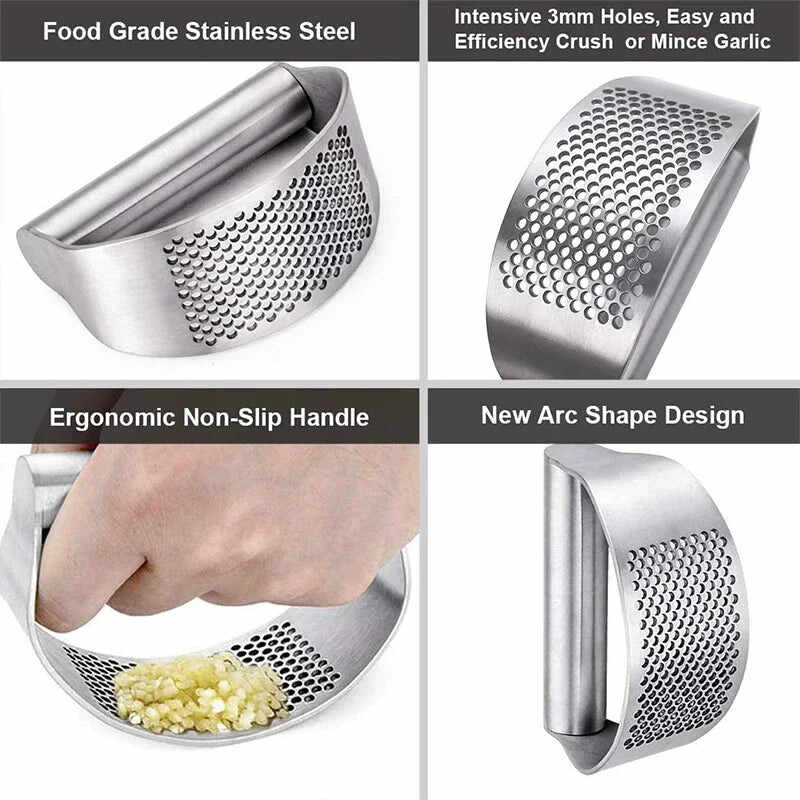 Stainless steel garlic press with ergonomic non-slip handle and 3mm holes for easy mincing