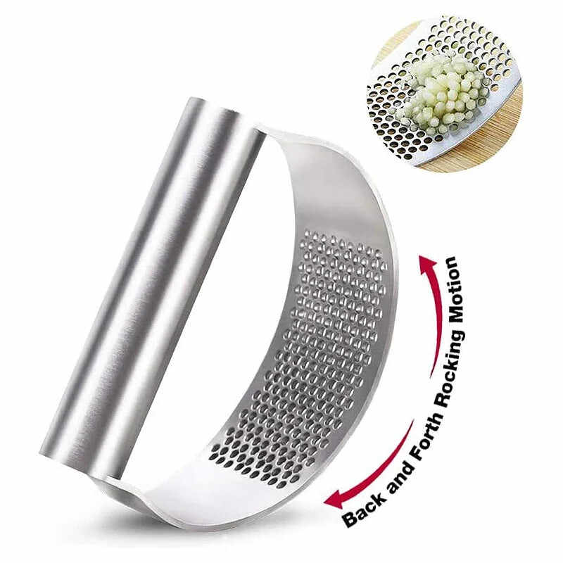 Stainless steel garlic press designed for easy crushing with a back and forth rocking motion