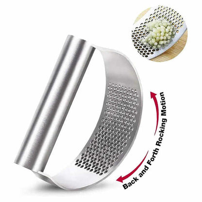 Stainless steel garlic press designed for easy crushing with a back and forth rocking motion