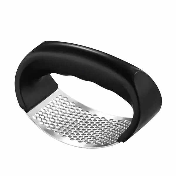 Ergonomic stainless steel garlic press with a comfortable grip for easy garlic crushing