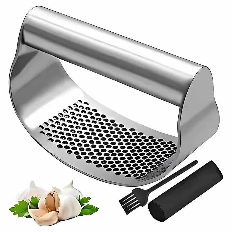 Durable stainless steel garlic press with ergonomic handle and included cleaning brush for easy use