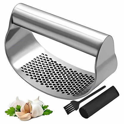 Durable stainless steel garlic press with ergonomic handle and included cleaning brush for easy use