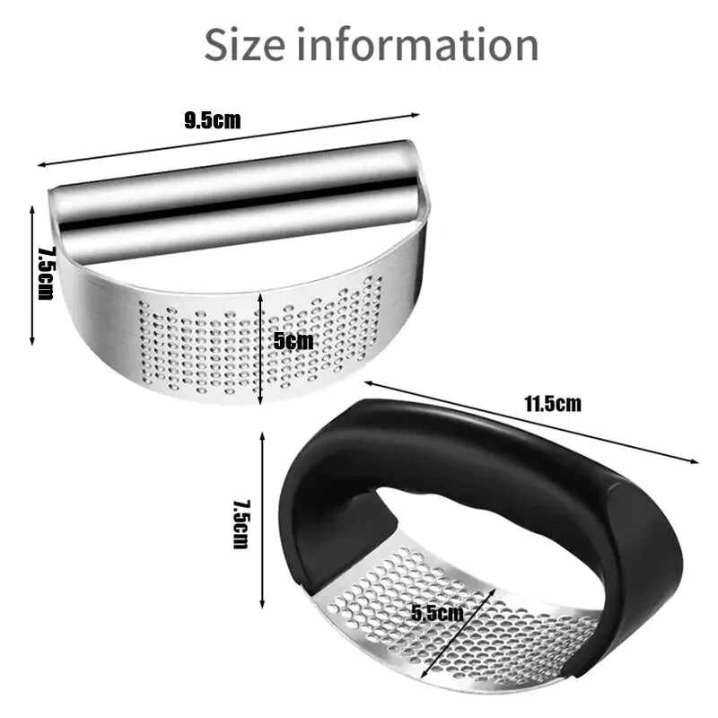 Stainless steel garlic press with ergonomic handle for easy garlic crushing and mincing