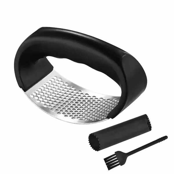 Durable stainless steel garlic press with ergonomic handle and cleaning brush for easy use