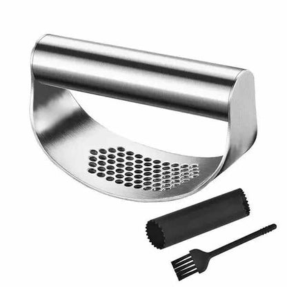 Angel Ecommerce stainless steel garlic press with ergonomic design and cleaning brush for easy use