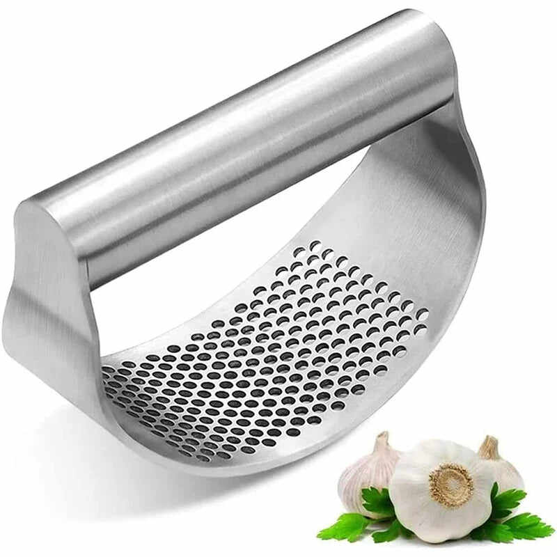 Stainless steel garlic press from Angel Ecommerce with ergonomic design for easy garlic crushing