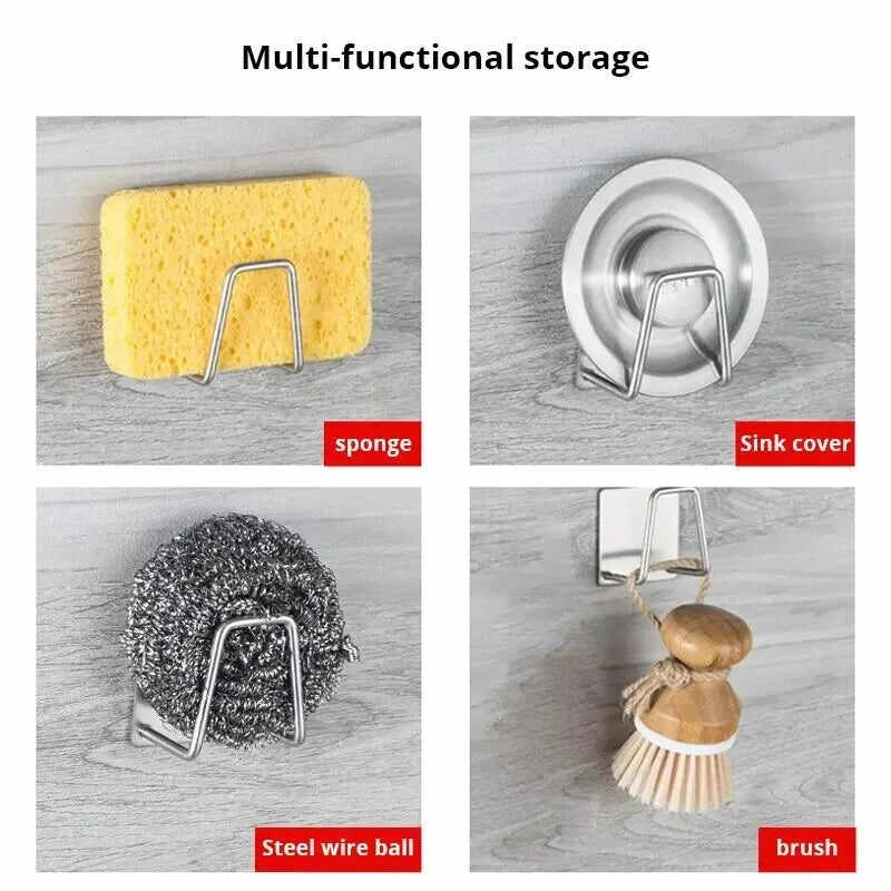 Multi-functional stainless steel sponge rack for organizing sponge, brush, and sink cover