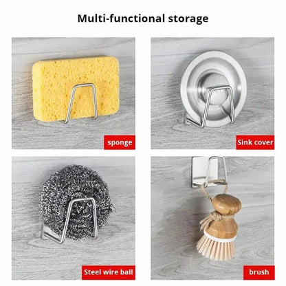 Multi-functional stainless steel sponge rack for organizing sponge, brush, and sink cover