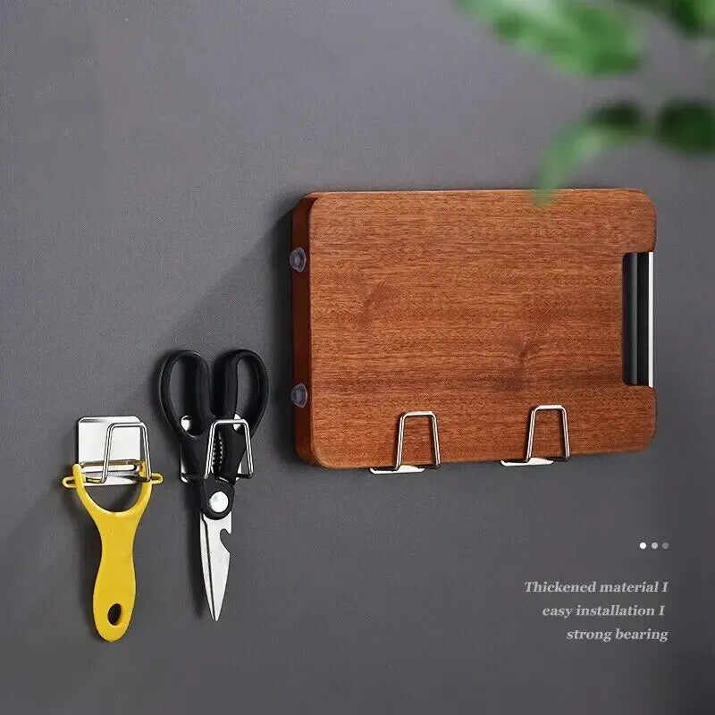 Wooden wall-mounted organizer with stainless steel sponge rack and scissors for efficient kitchen storage