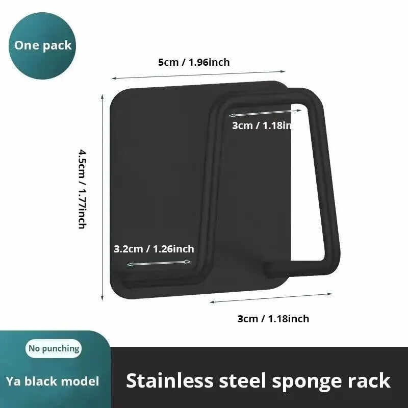 Black stainless steel sponge rack with dimensions for easy kitchen organization